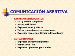 COMUNICACIÓN ASERTIVA
 EXPRESAR SENTIMIENTOS
 Dar y recibir cumplidos
 Hacer peticiones
 Expresar amor y afecto
 Iniciar y mantener conversaciones
 Expresar coraje justificado y descontento
 AUTOAFIRMARSE
 Expresar derechos legítimos
 Saber Decir “No”
 Expresar opiniones personales
 