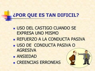 ¿POR QUE ES TAN DIFICIL?
 USO DEL CASTIGO CUANDO SE
EXPRESA UNO MISMO
 REFUERZO A LA CONDUCTA PASIVA
 USO DE CONDUCTA PASIVA O
AGRESIVA
 ANSIEDAD
 CREENCIAS ERRONEAS
 
