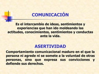 COMUNICACIÓN
Es el intercambio de ideas, sentimientos y
experiencias que han ido moldeando las
actitudes, conocimientos, sentimientos y conductas
ante la vida.
ASERTIVIDAD
Comportamiento comunicacional maduro en el que la
persona ni agrede ni se somete a la voluntad de otras
personas, sino que expresa sus convicciones y
defiende sus derechos.
 
