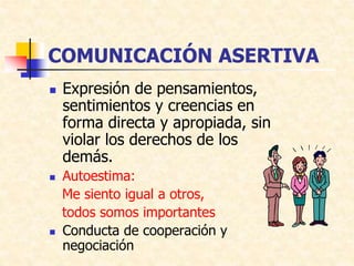 COMUNICACIÓN ASERTIVA
 Expresión de pensamientos,
sentimientos y creencias en
forma directa y apropiada, sin
violar los derechos de los
demás.
 Autoestima:
Me siento igual a otros,
todos somos importantes
 Conducta de cooperación y
negociación
 