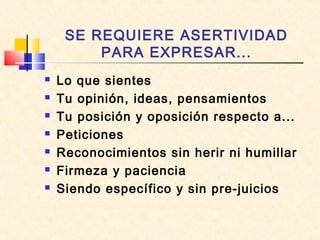 SE REQUIERE ASERTIVIDAD
PARA EXPRESAR...








Lo que sientes
Tu opinión, ideas, pensamientos
Tu posición y oposición respecto a...
Peticiones
Reconocimientos sin herir ni humillar
Firmeza y paciencia
Siendo específico y sin pre-juicios

 