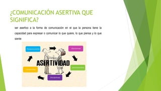 ¿COMUNICACIÓN ASERTIVA QUE
SIGNIFICA?
ser asertivo a la forma de comunicación en el que la persona tiene la
capacidad para expresar o comunicar lo que quiere, lo que piensa y lo que
siente
 