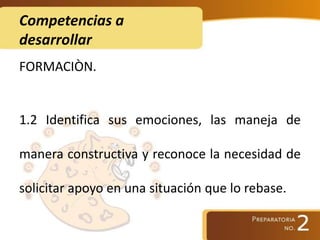 Competencias a
desarrollar
FORMACIÒN.
1.2 Identifica sus emociones, las maneja de
manera constructiva y reconoce la necesidad de
solicitar apoyo en una situación que lo rebase.
 