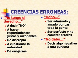 CREENCIAS ERRONEAS:
 “No tengo el
derecho...”
 A decir “NO”
 A hacer
requerimientos
justos y razonables
 De discrepar
 A cuestionar la
autoridad
 De enojarme
 “Debo...”
 Ser admirado y
amado por casi
toda la gente
 Ser perfecto y no
cometer errores
 “No debo...”
 Decir algo negativo
a una persona
 