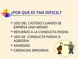 ¿POR QUE ES TAN DIFICIL?
 USO DEL CASTIGO CUANDO SE
EXPRESA UNO MISMO
 REFUERZO A LA CONDUCTA PASIVA
 USO DE CONDUCTA PASIVA O
AGRESIVA
 ANSIEDAD
 CREENCIAS ERRONEAS
 