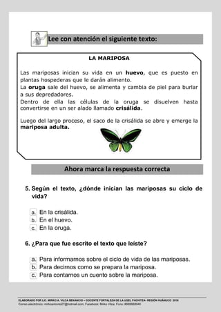 ELABORADO POR LIC. MIRKO A. VILCA BENANCIO – DOCENTE FORTALEZA DE LA UGEL PACHITEA- REGIÓN HUÁNUCO 2016
Correo electrónico: mirkoantonio27@hotmail.com; Facebook: Mirko Vilca; Fono: #969968940
a. Lee con atención el siguiente texto:
Ahora marca la respuesta correcta
5. Según el texto, ¿dónde inician las mariposas su ciclo de
vida?
a. En la crisálida.
b. En el huevo.
c. En la oruga.
6. ¿Para que fue escrito el texto que leíste?
a. Para informarnos sobre el ciclo de vida de las mariposas.
b. Para decirnos como se prepara la mariposa.
c. Para contarnos un cuento sobre la mariposa.
LA MARIPOSA
Las mariposas inician su vida en un huevo, que es puesto en
plantas hospederas que le darán alimento.
La oruga sale del huevo, se alimenta y cambia de piel para burlar
a sus depredadores.
Dentro de ella las células de la oruga se disuelven hasta
convertirse en un ser alado llamado crisálida.
Luego del largo proceso, el saco de la crisálida se abre y emerge la
mariposa adulta.
 