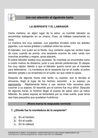 ELABORADO POR LIC. MIRKO A. VILCA BENANCIO – DOCENTE FORTALEZA DE LA UGEL PACHITEA- REGIÓN HUÁNUCO 2016
Correo electrónico: mirkoantonio27@hotmail.com; Facebook: Mirko Vilca; Fono: #969968940
Lee con atención el siguiente texto
LA SERPIENTE Y EL LABRADOR
Cierta mañana, en algún lugar de la selva, un humilde labrador se
encontraba trabajando en su chacra. Pues, se hallaba cosechando su
coca.
La mañana era muy soleada. Los pajarillos trinaban entre los árboles
gigantes. Los monos gritaban y saltaban entre las ramas.
El labrador, con sudor en la frente, muy contento cogía las verdes hojas
de coca; cuando de pronto, una serpiente enorme de color verde con
manchas amarillas y negras, quiso atacarlo.
El pobre labrador estaba muy asustado. Su machete se encontraba como
a cuatro metros de distancia, junto a sus demás pertenencias. El ataque
fue muy rápido; debido a que el labrador quería correr por el machete
para defenderse. La mordedura de la serpiente fue en el cuello; el pobre
labrador gritaba y se arrastraba en el suelo; sin que nadie lo oyese.
Después de algunas horas más tarde; su esposa, que le llevaba el
almuerzo, llegó al lugar de los hechos; encontró a su esposo, ya
agonizando. Rápidamente llamo a sus vecinos más cercanos para
socorrer a su esposo. El recorrido por el camino fue muy difícil. Después
de algunas horas, lo hicieron llegar al puesto de salud, pero ya había
fallecido. Su pobre esposa se lamentaba por su mala suerte; pues tenía
seis hijos pequeños que quedaban huérfanos.
Ahora marca la respuesta correcta
7. ¿Dónde fue la mordedura de la serpiente?
a. En el hombro
b. En el cuello
c. En la cabeza
 