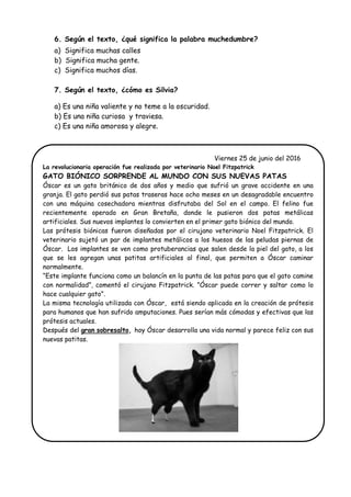 6. Según el texto, ¿qué significa la palabra muchedumbre?
a) Significa muchas calles
b) Significa mucha gente.
c) Significa muchos días.
7. Según el texto, ¿cómo es Silvia?
a) Es una niña valiente y no teme a la oscuridad.
b) Es una niña curiosa y traviesa.
c) Es una niña amorosa y alegre.
Viernes 25 de junio del 2016
La revolucionaria operación fue realizada por veterinario Noel Fitzpatrick
GATO BIÓNICO SORPRENDE AL MUNDO CON SUS NUEVAS PATAS
Óscar es un gato británico de dos años y medio que sufrió un grave accidente en una
granja. El gato perdió sus patas traseras hace ocho meses en un desagradable encuentro
con una máquina cosechadora mientras disfrutaba del Sol en el campo. El felino fue
recientemente operado en Gran Bretaña, donde le pusieron dos patas metálicas
artificiales. Sus nuevos implantes lo convierten en el primer gato biónico del mundo.
Las prótesis biónicas fueron diseñadas por el cirujano veterinario Noel Fitzpatrick. El
veterinario sujetó un par de implantes metálicos a los huesos de las peludas piernas de
Óscar. Los implantes se ven como protuberancias que salen desde la piel del gato, a los
que se les agregan unas patitas artificiales al final, que permiten a Óscar caminar
normalmente.
“Este implante funciona como un balancín en la punta de las patas para que el gato camine
con normalidad”, comentó el cirujano Fitzpatrick. ”Óscar puede correr y saltar como lo
hace cualquier gato”.
La misma tecnología utilizada con Óscar, está siendo aplicada en la creación de prótesis
para humanos que han sufrido amputaciones. Pues serían más cómodas y efectivas que las
prótesis actuales.
Después del gran sobresalto, hoy Óscar desarrolla una vida normal y parece feliz con sus
nuevas patitas.
 