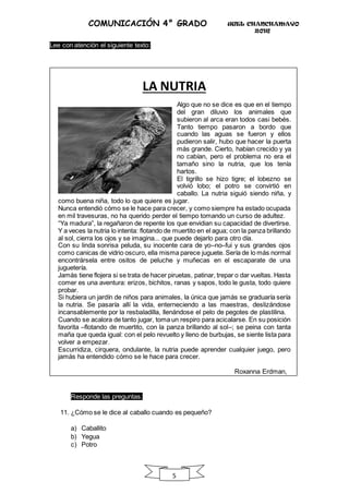 UGEL CHANCHAMAYO
2016
5
COMUNICACIÓN 4° GRADO
Lee con atención el siguiente texto:
LA NUTRIA
Algo que no se dice es que en el tiempo
del gran diluvio los animales que
subieron al arca eran todos casi bebés.
Tanto tiempo pasaron a bordo que
cuando las aguas se fueron y ellos
pudieron salir, hubo que hacer la puerta
más grande. Cierto, habían crecido y ya
no cabían, pero el problema no era el
tamaño sino la nutria, que los tenía
hartos.
El tigrillo se hizo tigre; el lobezno se
volvió lobo; el potro se convirtió en
caballo. La nutria siguió siendo niña, y
como buena niña, todo lo que quiere es jugar.
Nunca entendió cómo se le hace para crecer, y como siempre ha estado ocupada
en mil travesuras, no ha querido perder el tiempo tomando un curso de adultez.
“Ya madura”, la regañaron de repente los que envidian su capacidad de divertirse.
Y a veces la nutria lo intenta: flotando de muertito en el agua; con la panza brillando
al sol, cierra los ojos y se imagina... que puede dejarlo para otro día.
Con su linda sonrisa peluda, su inocente cara de yo–no–fui y sus grandes ojos
como canicas de vidrio oscuro, ella misma parece juguete. Sería de lo más normal
encontrársela entre ositos de peluche y muñecas en el escaparate de una
juguetería.
Jamás tiene flojera si se trata de hacer piruetas, patinar, trepar o dar vueltas. Hasta
comer es una aventura: erizos, bichitos, ranas y sapos, todo le gusta, todo quiere
probar.
Si hubiera un jardín de niños para animales, la única que jamás se graduaría sería
la nutria. Se pasaría allí la vida, enterneciendo a las maestras, deslizándose
incansablemente por la resbaladilla, llenándose el pelo de pegotes de plastilina.
Cuando se acalora de tanto jugar, toma un respiro para acicalarse. En su posición
favorita –flotando de muertito, con la panza brillando al sol–; se peina con tanta
maña que queda igual: con el pelo revuelto y lleno de burbujas, se siente lista para
volver a empezar.
Escurridiza, cirquera, ondulante, la nutria puede aprender cualquier juego, pero
jamás ha entendido cómo se le hace para crecer.
Roxanna Erdman,
Responde las preguntas:
11. ¿Cómo se le dice al caballo cuando es pequeño?
a) Caballito
b) Yegua
c) Potro
 