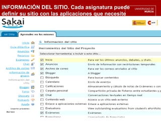 INFORMACIÓN DEL SITIO. Cada asignatura puede
definir su sitio con las aplicaciones que necesite
 