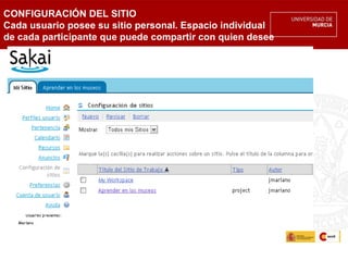 CONFIGURACIÓN DEL SITIO
Cada usuario posee su sitio personal. Espacio individual
de cada participante que puede compartir con quien desee
 