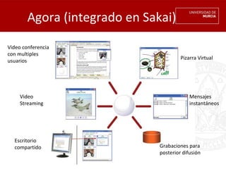 Agora (integrado en Sakai)

Video conferencia
con multiples
                                        Pizarra Virtual
usuarios




     Video                                  Mensajes
     Streaming                              instantáneos




  Escritorio
  compartido                   Grabaciones para
                               posterior difusión
 