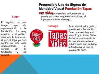 Presencia y Uso de Signos de
Identidad Visual Fundación Tapas
por vidas
Logo
Isologo
El logotipo es una
imagen que da
representación a la
Fundación. Es muy
estética, y el publico
reconoce la fundación
al ver el logo ya que
dentro de este esta
incrementado el
nombre de la
fundación y es
original.
En la imagen visual de la Fundación se
puede encontrar lo que es los colores, el
logotipo, símbolo y isologo.
Es el identificador grafico
que tiene La Fundación.
En el cual se integra el
símbolo y su texto. Cabe
destacar que también le
da una visualización al
publico de lo que se basa
la fundación ya que es
totalmente claro.
 