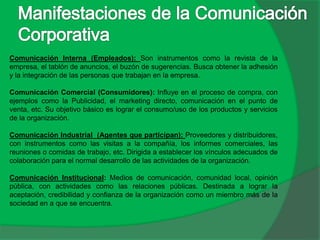 Comunicación Interna (Empleados): Son instrumentos como la revista de la
empresa, el tablón de anuncios, el buzón de sugerencias. Busca obtener la adhesión
y la integración de las personas que trabajan en la empresa.
Comunicación Comercial (Consumidores): Influye en el proceso de compra, con
ejemplos como la Publicidad, el marketing directo, comunicación en el punto de
venta, etc. Su objetivo básico es lograr el consumo/uso de los productos y servicios
de la organización.
Comunicación Industrial (Agentes que participan): Proveedores y distribuidores,
con instrumentos como las visitas a la compañía, los informes comerciales, las
reuniones o comidas de trabajo, etc. Dirigida a establecer los vínculos adecuados de
colaboración para el normal desarrollo de las actividades de la organización.
Comunicación Institucional: Medios de comunicación, comunidad local, opinión
pública, con actividades como las relaciones públicas. Destinada a lograr la
aceptación, credibilidad y confianza de la organización como un miembro más de la
sociedad en a que se encuentra.
 