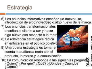 Estrategia
6) Los anuncios informativos enseñan un nuevo uso,
introducción de algo novedoso o algo nuevo de la
marca
7) Los anuncios transformacionales
enseñan al cliente a ser y hacer
algo nuevo con respecto a la marca
8) La relevancia estratégica radica
en enfocarse en el público objetivo
9) Una buena estrategia es tomar en
cuenta la audiencia meta con el
producto, la marca y la comunicación
10) La comunicación responde a las siguientes
preguntas: ¿Quién? ¿Por qué? ¿Qué? ¿Dónde?
Dr.MeirFinkel©2016
 