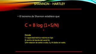• El teorema de Shannon establece que:
C = B log (1+S/N)
Donde:
C=capacidad teórica máxima en bps
B=ancho de banda del canal Hz.
S/N=relacion de señal a ruido, S y N dados en watts.
2
SHANNON - HARTLEY
 