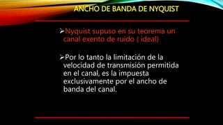 ANCHO DE BANDA DE NYQUIST
Nyquist supuso en su teorema un
canal exento de ruido ( ideal)
Por lo tanto la limitación de la
velocidad de transmisión permitida
en el canal, es la impuesta
exclusivamente por el ancho de
banda del canal.
 