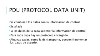 PDU (PROTOCOL DATA UNIT) 
Se combinan los datos con la información de control. 
Se añade 
 a los datos de la capa superior la información de control. 
Para cada capa hay un protocolo encargado. 
Algunas capas, como la de transporte, pueden fragmentar 
los datos de usuario. 
 