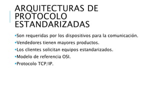 ARQUITECTURAS DE 
PROTOCOLO 
ESTANDARIZADAS 
Son requeridas por los dispositivos para la comunicación. 
Vendedores tienen mayores productos. 
Los clientes solicitan equipos estandarizados. 
Modelo de referencia OSI. 
Protocolo TCP/IP. 
 