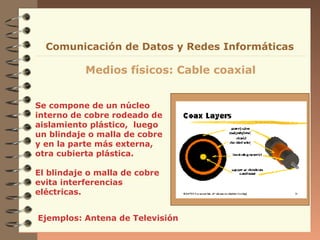 Se compone de un núcleo
interno de cobre rodeado de
aislamiento plástico, luego
un blindaje o malla de cobre
y en la parte más externa,
otra cubierta plástica.
El blindaje o malla de cobre
evita interferencias
eléctricas.
Ejemplos: Antena de Televisión
Medios físicos: Cable coaxial
Comunicación de Datos y Redes Informáticas
 