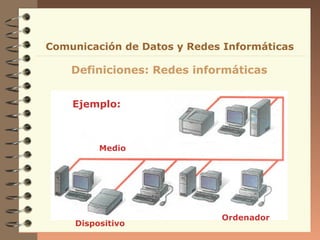 Definiciones: Redes informáticas
Comunicación de Datos y Redes Informáticas
Ejemplo:
Dispositivo
Ordenador
Medio
 