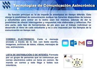 Tecnologías de Comunicación Asincrónica
Su función principal es la de impartir la enseñanza en tiempo diferido. Esto
otorga la posibilidad de comunicación aunque los horarios disponibles de tutores
y estudiantes para entrar en la redno sean los mismos, además de dar la
posibilidad de ofrecer interrogantes y respuestas más elaboradas y reflexivas. Por
otra parte, este tipo de herramientas da pie para que el trabajo individual se
desarrolle al ritmo de cada estudiante y no a uno impuesto por los tiempos de la
comunicación en tiempo real.
CORREO ELECTRONICO: Carta o mensaje
enviado a través de la red, con texto escrito,
imágenes, archivos de datos, videos, mensajes de
voz, animaciones.
LISTA DE DISTRIBUCIÓN O DE INTERÉS: Formada
por un grupo de personas que se comunican por
correo electrónico sobre un tema en común. Se
manda un correo y este llega a todos sus
miembros.
 