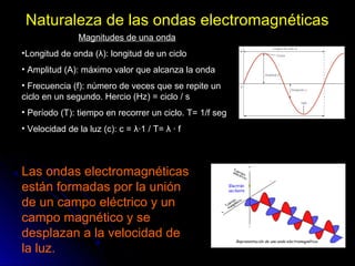 Naturaleza de las ondas electromagnéticas
Las ondas electromagnéticas
están formadas por la unión
de un campo eléctrico y un
campo magnético y se
desplazan a la velocidad de
la luz.
Magnitudes de una onda
•Longitud de onda (λ): longitud de un ciclo
• Amplitud (A): máximo valor que alcanza la onda
• Frecuencia (f): número de veces que se repite un
ciclo en un segundo. Hercio (Hz) = ciclo / s
• Período (T): tiempo en recorrer un ciclo. T= 1/f seg
• Velocidad de la luz (c): c = λ·1 / T= λ · f
 