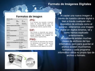 Formato de Imágenes Digitales
Al captar una nueva imagen a
través de nuestra cámara digital o
bien a través cualquier otro
dispositivo de entrada como el
escáner, obtenemos una imagen
digital en dígitos binarios, tal y
como hemos explicado
anteriormente.
Actualmente existen muchas
clases de archivos del tipo
informático, pero para guardar el
archivo existen muchísimos
formatos y cada programa
informático utiliza su propio tipo de
archivo o formato.
 