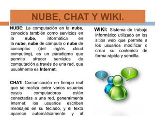 NUBE: La computación en la nube,
conocida también como servicios en
la nube, informática en
la nube, nube de cómputo o nube de
conceptos (del inglés cloud
computing), es un paradigma que
permite ofrecer servicios de
computación a través de una red, que
usualmente es Internet.
CHAT: Comunicación en tiempo real
que se realiza entre varios usuarios
cuyas computadoras están
conectadas a una red, generalmente
Internet; los usuarios escriben
mensajes en su teclado, y el texto
aparece automáticamente y al
WIKI: Sistema de trabajo
informático utilizado en los
sitios web que permite a
los usuarios modificar o
crear su contenido de
forma rápida y sencilla.
NUBE, CHAT Y WIKI.
 