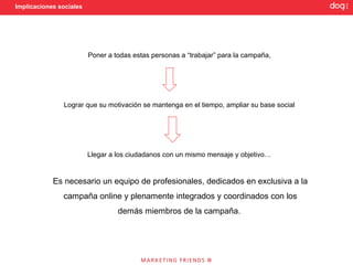Implicaciones sociales




                         Poner a todas estas personas a “trabajar” para la campaña,




               Lograr que su motivación se mantenga en el tiempo, ampliar su base social




                         Llegar a los ciudadanos con un mismo mensaje y objetivo…


            Es necesario un equipo de profesionales, dedicados en exclusiva a la
               campaña online y plenamente integrados y coordinados con los
                                  demás miembros de la campaña.
 