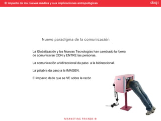 El impacto de los nuevos medios y sus implicaciones antropológicas




                          Nuevo paradigma de la comunicación


                   La Globalización y las Nuevas Tecnologías han cambiado la forma
                   de comunicarse CON y ENTRE las personas.

                   La comunicación unidireccional da paso a la bidireccional.

                   La palabra da paso a la IMAGEN.

                   El impacto de lo que se VE sobre la razón
 