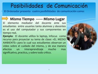 5Posibilidades  de Comunicación El Ordenador presenta   cuatro posibilidades  de comunicación como: Mismo Tiempo  ------- Mismo LugarEl elemento mediador del docente ante sus estudiantes  entre usuarios tanto alumnos y docentes es el uso del computador y sus componentes en tiempo real.Ejemplo:  El docente utiliza la laptop, infocus  como recurso para proyectar su tema de clase: «EL MEDIO AMBIENTE» para lo cual sus estudiantes observan un video sobre el cuidado del mismo, y de esa manera efectúa un interaprendizaje mucho mas significativo, practico, y sobre todo crítico.