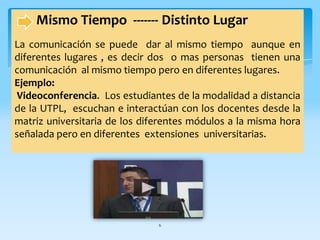 6       Mismo Tiempo  ------- Distinto LugarLa comunicación se puede  dar al mismo tiempo  aunque en diferentes lugares , es decir dos  o mas personas  tienen una comunicación  al mismo tiempo pero en diferentes lugares. Ejemplo: Videoconferencia.  Los estudiantes de la modalidad a distancia de la UTPL,  escuchan e interactúan con los docentes desde la matriz universitaria de los diferentes módulos a la misma hora señalada pero en diferentes  extensiones  universitarias.