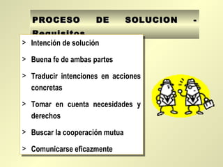 PROCESO            DE      SOLUCION   -
   Requisitos
> Intención de solución
> Intención de solución
> Buena fe de ambas partes
> Buena fe de ambas partes
> Traducir intenciones en acciones
> Traducir intenciones en acciones
  concretas
   concretas
> Tomar en cuenta necesidades y
> Tomar en cuenta necesidades y
  derechos
  derechos
> Buscar la cooperación mutua
> Buscar la cooperación mutua
> Comunicarse eficazmente
> Comunicarse eficazmente
 