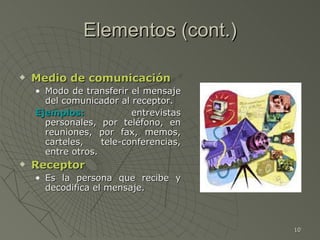 Elementos (cont.) <ul><li>Medio de comunicación </li></ul><ul><ul><li>Modo de transferir el mensaje del comunicador al rec...