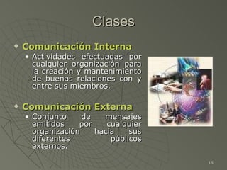 Clases <ul><li>Comunicación Interna </li></ul><ul><ul><li>Actividades efectuadas por cualquier organización para la creaci...