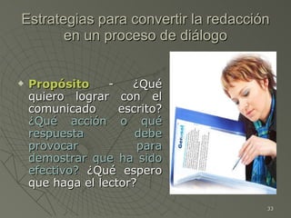 Estrategias para convertir la redacción en un proceso de diálogo <ul><li>Propósito  - ¿Qué quiero lograr con el comunicado...