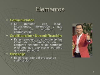 Elementos <ul><li>Comunicador </li></ul><ul><ul><li>La persona con ideas, intenciones, información y que tiene por objetiv...