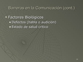 Barreras en la Comunicación (cont.)

   Factores Biológicos
    • Defectos (habla o audición)
    • Estado de salud crítico




                                          35
 