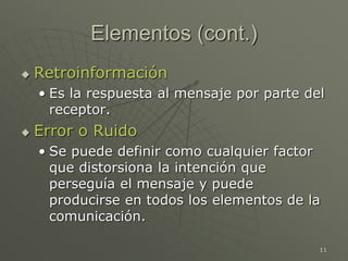 11
Elementos (cont.)
 Retroinformación
• Es la respuesta al mensaje por parte del
receptor.
 Error o Ruido
• Se puede definir como cualquier factor
que distorsiona la intención que
perseguía el mensaje y puede
producirse en todos los elementos de la
comunicación.
 