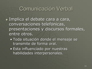 23
Comunicación Verbal
 Implica el debate cara a cara,
conversaciones telefónicas,
presentaciones y discursos formales,
entre otros.
• Toda situación donde el mensaje se
transmite de forma oral.
• Esta influenciado por nuestras
habilidades interpersonales.
 