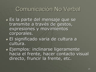 25
Comunicación No Verbal
 Es la parte del mensaje que se
transmite a través de gestos,
expresiones y movimientos
corporales.
 El significado varia de cultura a
cultura.
 Ejemplos: inclinarse ligeramente
hacia el frente, hacer contacto visual
directo, fruncir la frente, etc.
 