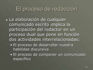 29
El proceso de redacción
 La elaboración de cualquier
comunicado escrito implica la
participación del redactor en un
proceso dual que pone en función
dos actividades interrelacionadas:
• El proceso de desarrollar nuestra
habilidad discursiva
• El proceso de componer un comunicado
específico
 