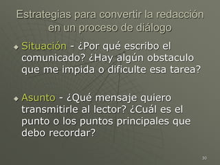 30
Estrategias para convertir la redacción
en un proceso de diálogo
 Situación - ¿Por qué escribo el
comunicado? ¿Hay algún obstaculo
que me impida o dificulte esa tarea?
 Asunto - ¿Qué mensaje quiero
transmitirle al lector? ¿Cuál es el
punto o los puntos principales que
debo recordar?
 