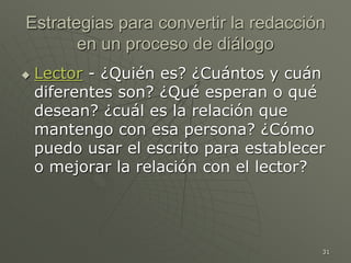 31
Estrategias para convertir la redacción
en un proceso de diálogo
 Lector - ¿Quién es? ¿Cuántos y cuán
diferentes son? ¿Qué esperan o qué
desean? ¿cuál es la relación que
mantengo con esa persona? ¿Cómo
puedo usar el escrito para establecer
o mejorar la relación con el lector?
 