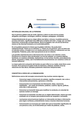 Comunicación
A B
NATURALEZA DIALOGAL DE LA PERSONA
Hoy la persona palabra esta de moda. Aparece a diario en boca de los juristas,
abogados, psicólogos, sociólogos, políticos, teólogos, pedagogos, moralistas.
Independientemente de que su origen último sea latino o etrusco, la palabra persona
proviene del teatro, significaba hace 2500 años el disfraz del actor, y luego, por una fácil
metonimia, el personaje correspondiente. Ahora ha llegado a ser uno de los términos
claves en las ciencias humanas y en la actividad política.
En sí la palabra persona lo mismo que la palabra individuo. Se puede decir
indistintivamente “fulano es un individuo” o “fulano es una persona” pero en tanto que
el individuo enfoca al sujeto en sí, en cambio persona lo enfoca en interacción con sus
semejantes. Podemos, pues, decir que persona es ser en relación.
Las grandes experiencias de la vida transcurren con otros o con relación a otros.
Pensemos en nuestros ratos de bienestar y en los de malestar; en nuestras alegrías
familiares, en nuestras amistades, desilusiones; en las luchas, triunfos, preocupaciones,
planes, proyectos y metas, casi invariablemente encontraremos con nosotros a otros en
cercana referencia.
La mayor parte de la actuación del hombre es para influir en su medio, tanto físico como
humano. Es la persona el sujeto innato de derechos y deberes, también el de las
relaciones de más altura, llamadas justamente relaciones interpersonales.
CONCEPTOS A CERCA DE LA COMUNICACIÓN
Definiciones acerca del concepto comunicación hay muchas veamos algunas:
- Comunicar según el diccionario de webster, significa compartir, dar a otra o
intercambiar pensamientos, opiniones o informes.
- Comunicación es la transmisión de información, ideas, emociones,
habilidades… por medio de símbolos, palabras, cuadros, figuras, gráficas,
entre dos o más personas.
- Comunicar es transmitir ideas para modificar la conducta y la voluntad de
quienes reciben un mensaje.
- Comunicar es transmitir una idea con un objeto determinado, misma que será
analizada con el receptor para posteriormente ser aceptada o rechazada.
- Las buenas comunicaciones implican un intercambio de ideas o información
para lograr confianza y entendimiento mutuo o buenas relaciones humanas.
- Comunicación es el proceso por medio del cual se transmiten significados de
una persona a otra, es el intercambio por medio de palabras, cartas,
 