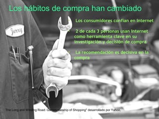 Los hábitos de compra han cambiado
•

Los consumidores confían en Internet

•

2 de cada 3 personas usan Internet
como herramienta clave en su
investigación y decisión de compra

•

La recomendación es decisiva en la
compra

The Long and Winding Road: Gamesmanship of Shopping" desarrollado por Yahoo,

 