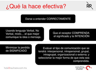 ¿Qué la hace efectiva?
Darse a entender CORRECTAMENTE
Usando lenguaje Verbal, No
Verbal, mixto… el que mejor
comunique la idea o mensaje.
Que el receptor COMPRENDA
el signiﬁcado y la INTENCIÓN
Minimizar la perdida
de SIGNIFICADO
Evaluar el tipo de comunicación que se
tendrá: interpersonal, intrapersonal, grupal,
intragrupal, organizacional o externa; y
seleccionar la mejor forma de que esta sea
comprendida.
 