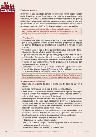 24 GUÍA DE ACTUALIZACIÓN DOCENTE PARA EL TRABAJO EN AULAS MULTIGRADO · Documento de trabajo en revisión · Octubre 2007
Escribir en voz alta
Recurrimos a esta estrategia para la producción en forma grupal. Pueden
contar lo ocurrido acerca de un paseo, una visita, un acontecimiento en la
comunidad, una fiesta. El docente hace las veces de secretario del grupo y
así los niños y niñas pueden apreciar las relaciones entre lo que se dice y lo
que se escribe. En esta producción escrita los llevaremos de acuerdo con el
proceso de escritura: planificación, textualización o escritura y revisión.
Nos daremos cuenta de que los niños están aprendiendo cuando:
Escriben recurriendo al copiado de palabras trabajadas en otros textos.
Comparan una palabra conocida con una nueva para escribirla.
a) Planificación:
Dialoga con ellos sobre lo que quieren escribir, a quién o quiénes está diri-
gido el texto, para qué lo van a escribir. Anota las preguntas y las respues-
tas que van dando para que sean tomadas en cuenta a la hora de producir
el texto.
Pregúntales sobre el tipo de texto que escribirán. ¿Qué será nuestro texto?
¿Un cuento? ¿Una carta? ¿Una receta? ¿Una noticia?
Si ya han trabajado con ese tipo de texto, pregúntales sobre sus carac-
terísticas: ¿Qué lleva ese tipo de texto? ¿Cómo empieza? ¿Qué forma tiene?
Si trabajas ese tipo de texto por primera vez, explica qué tipo de texto es
y cuáles son sus características. Puedes preguntarles e ir armando con
ellos su estructura en la pizarra.
Lee las ideas que han dado y ayúdalos a ordenarlas. ¿Qué vamos a decir
primero? ¿Qué diremos después? ¿Ponemos la fecha y el lugar? Las pregun-
tas se ajustan al texto que los niños quieren elaborar.
Respetemos las propias formas de hablar que tienen. Si llaman “michu” al gato,
entonces escribámoslo así en el texto. También aprenderán que se llama gato.
b) Textualización o escritura
Recuérdales el propósito del texto y pídeles que te dicten lo que van a
escribir.
Escribe de manera clara con el tipo de letra que ellos utilizan.
Lee en voz alta lo que vas escribiendo, tratando de alargar los sonidos pa-
ra que se fijen en ellos y observen que lo que se dice se puede escribir. Es-
to los ayudará a superar sus niveles de escritura.
Realiza preguntas mientras escribes, para ayudar en la construcción lógica
y secuenciada de las ideas. ¿Qué más podemos decir? ¿Luego qué ponemos?
Formula otras preguntas que tienen que ver con las convenciones de la es-
critura: mayúsculas, uso del punto, separación de las palabras y otras que
aparezcan para reflexionar con los niños y niñas.
Escribe los descubrimientos de los niños acerca de las convenciones de la
escritura en un cartel. Este será colocado en un lugar visible para que sirva
de referente para la escritura. Algunos descubrimientos pueden ser:
Todas las sílabas tienen por lo menos una vocal.
Los nombres se escriben con mayúscula.
La “s” es una letra “mágica”. Cuando agregamos una “s” al final de una
palabra, pasamos de uno a más.
Al terminar de escribir una idea, se pone un punto.
24
primaria
multigrado
 