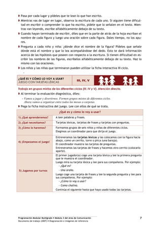 Programación Modular Multigrado Módulo 3 del área de Comunicación
Documento de trabajo (2007) Diagramación e imágenes de referencia
7
Pasa por cada lugar y pídeles que te lean lo que han escrito.
Mientras vas de lugar en lugar, observa la escritura de cada uno. Si alguien tiene dificul-
tad en escribir o comprender lo que ha escrito, pídele que lo señalen en el texto. Mien-
tras van leyendo, escribe alfabéticamente debajo de su texto.
Cuando hayan terminado de escribir, diles que en la parte de atrás de la hoja escriban el
nombre de cada figura y luego una oración sobre cada figura. Dales tiempo, no los apu-
res.
Pregunta a cada niño y niña: ¿dónde dice el nombre de la figura? Pídeles que señale
dónde está el nombre y que lo lea acompañándose del dedo. Esto te dará información
acerca de las hipótesis que poseen con respecto a la escritura. Si tienen dificultad en es-
cribir los nombres de las figuras, escríbelos alfabéticamente debajo de su texto. Haz lo
mismo con las oraciones.
Los niños y las niñas que terminaron pueden utilizar la ficha interactiva III ciclo.
-
¿QUÉ ES Y CÓMO LO VOY A USAR?
JUEGO CON TARJETAS LÉXICAS
III, IV, V
Trabajo en grupos mixtos de los diferentes ciclos (III, IV y V). Atención directa.
Al terminar la evaluación diagnóstica, diles:
- Vamos a jugar y divertirnos. Formen grupos mixtos de diferentes ciclos.
Ahora vamos a organizar entre todos las mesas o carpetas.
Pega la ficha instructiva del juego. Lee con ellos de qué se trata.
¿Qué es y cómo lo voy a usar?
1) ¿Qué aprenderemos? A leer palabras y frases.
2) ¿Qué necesitamos? Tarjetas léxicas, tarjetas de frases y tarjetas con preguntas.
3) ¿Cómo lo haremos? Formamos grupos de seis niños y niñas de diferentes ciclos.
Elegimos un coordinador para que dirija el juego.
4) ¡Empezamos el juego!
Entreveramos las tarjetas léxicas y las colocamos con la figura hacia
abajo, como un cerrito, torre o pirca (una baraja).
El coordinador muestra las tarjetas de preguntas.
Entreveramos las tarjetas de frases y hacemos otro cerrito (colocarlo
aparte).
5) Jugamos por turnos
El primer jugador(a) coge una tarjeta léxica y lee la primera pregunta
que le muestra el coordinador.
Luego mira su tarjeta léxica y lee para sus compañeros. Por ejemplo:
- ¿Qué es?
- Una araña.
Luego coge una tarjeta de frases y lee la segunda pregunta y lee para
sus compañeros. Por ejemplo:
- ¿Cómo lo voy a usar?
- Como chalina.
Continúa el siguiente hasta que haya usado todas las tarjetas.
 